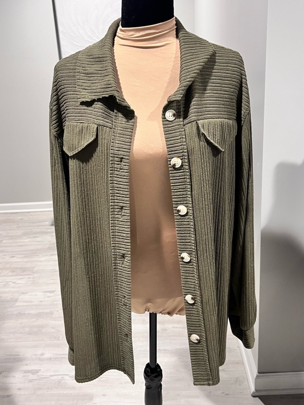 Olive Ribbed Button-Front Shacket - Picture 5 of 11
